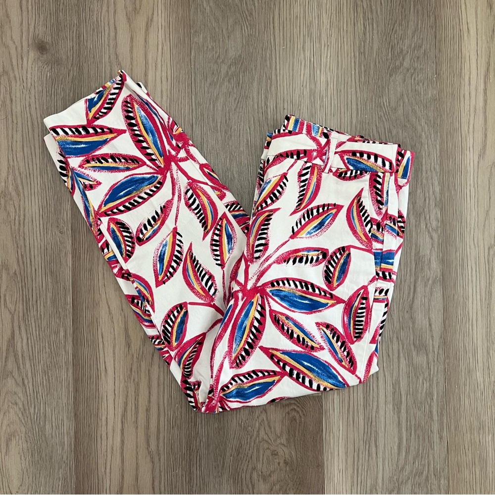 J.Crew Watercolor Leaf Print Skinny Pants Size 4 Pink Blue Stretch Cotton Ankle